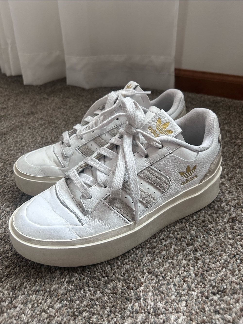 adidas White Platform Sneakers with Gold Trefoil Accents